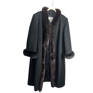 Vintage Marvin Richards Women's Winter Black Long Coat Fox Fur Lambswool Sz 16W